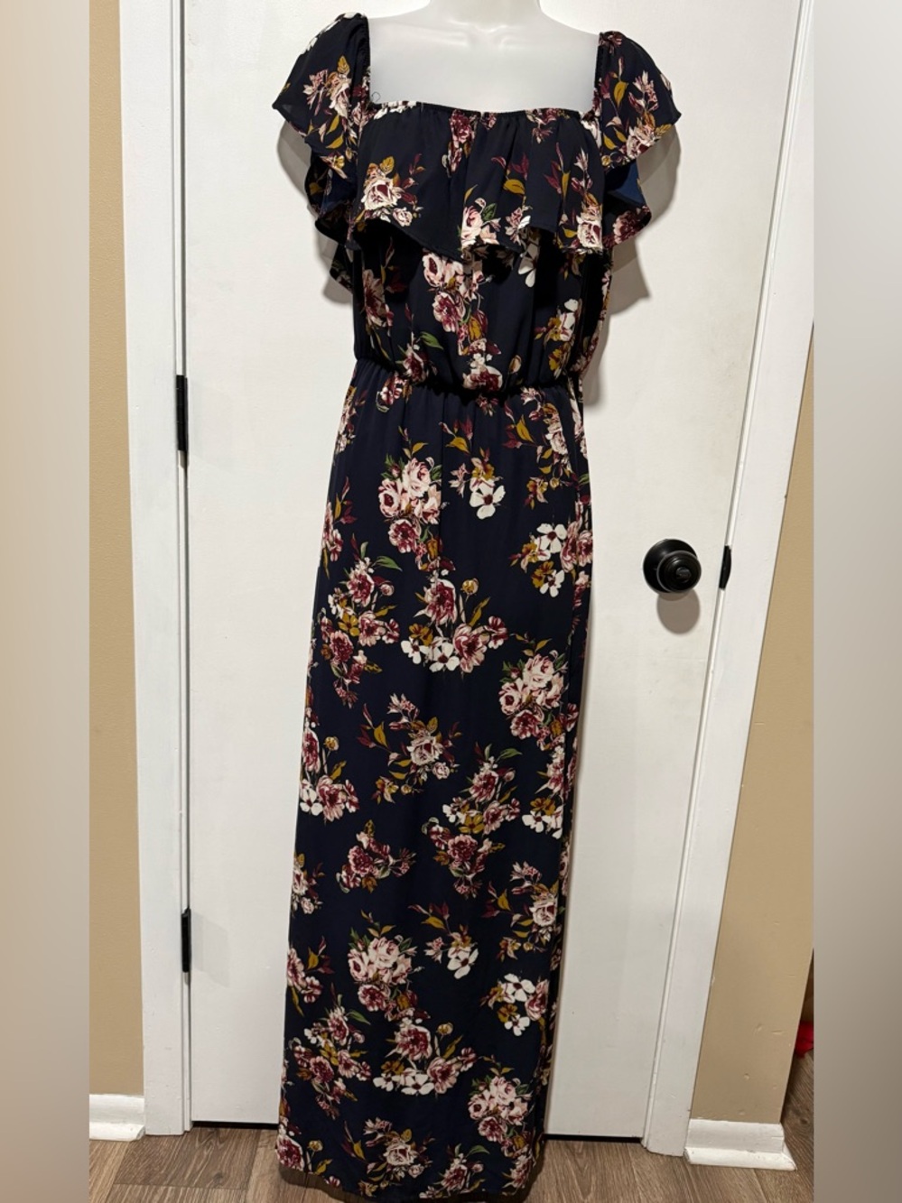 Altar'd State Navy Floral Ruffle Maxi Dress-#1352